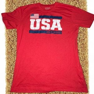 Red USA graphic tee with "Home of the Brave" text #usa #warready #red